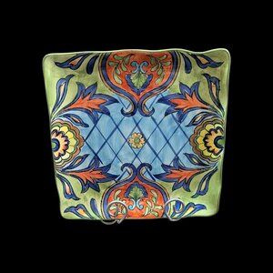 Maxcera Orange Talavera Square Dinner Plate Floral Boho 11" rustic Farmhouse